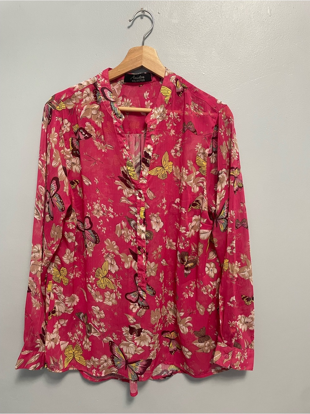 Vibrant Pink Butterfly Floral Button-Down Blouse